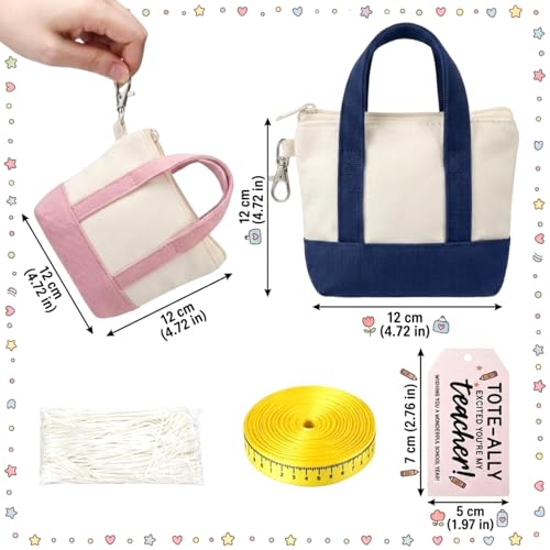 Sunnymove 6 Sets Mini Tote Bag Keychain for Teacher Appreciation Mini Canvas Bag Keychain with Tag Ribbon Raffia Thank You...
