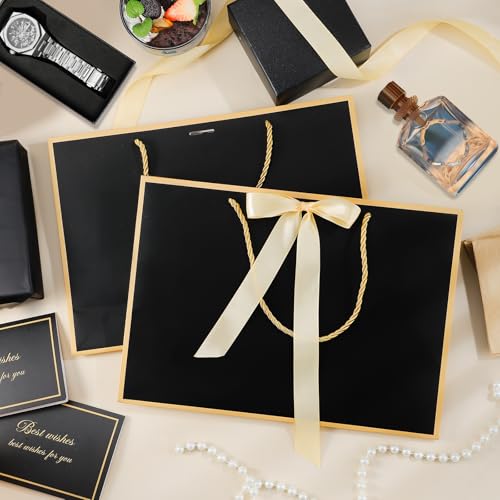 woric Black Gift Bags with Handles, 14" Medium Gift Bag with Tissue Paper, 2 Pcs Bags with 4 Tissue Paper and 2 Cards for ...