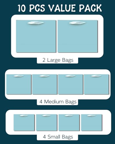 qiqee 10PCS Lake Blue Gift Bags with Ribbon Handles Mulit Assorted Sizes Gift Wide Bags (2pcs Large 13", 4pcs Medium 9.6",...