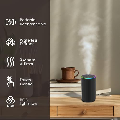 Waterless Essential Oil Diffuser, 7 Colors LED Light, Battery Powered Mini Scent Air Machine, Aromatherapy Mist Diffuser f...