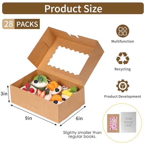 Moretoes 28pcs Cookie Boxes with Window, 9x6x3 Inch Brown Bakery Boxes Pastry Containers for Chocolate Covered Strawberrie...