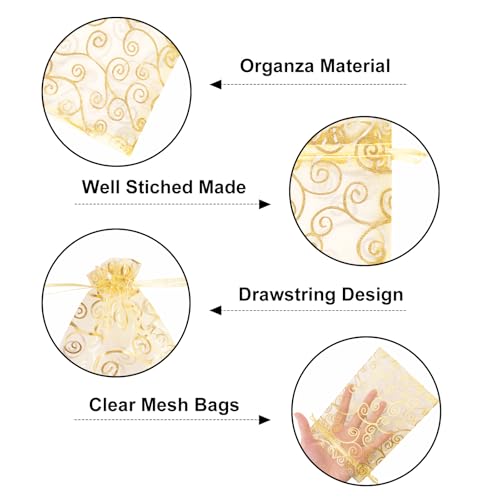 G2PLUS Organza Gift Bags 5x7 Inches - 50Pcs Sheer Mesh Organza Bags with Gold Rattan Printed, Drawstring Tulle Jewelry Pou...