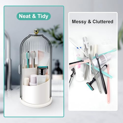QIYVLOS Toothbrush Holders with Sliding Lid, Rotating 3 Slots Bathroom Organizer Countertop, Tooth Brush Toothpaste Holder...