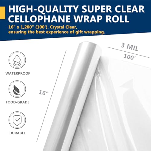 PerkHomy Clear Cellophane Wrap Roll 16" x 100' 3 Mil Thick Cellophane For Gift Basket Treats Goodie Wrapping Craft Flower ...