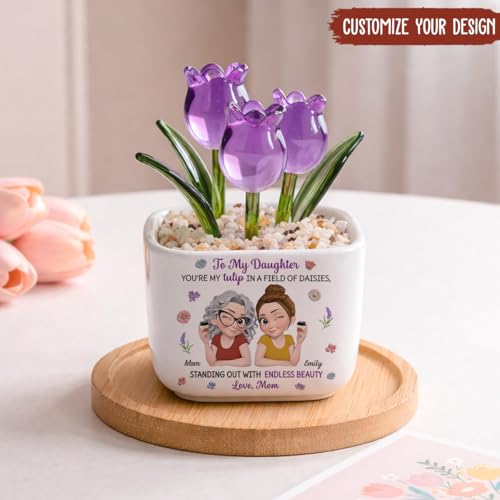 Wrappiness Everlasting Glass Tulip Plant in Ceramic Pot Personalized for Daughter – Customized Mother-Daughter Gift, Flowe...
