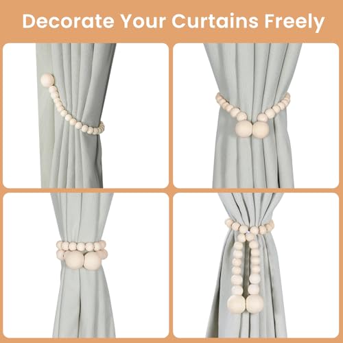 KLOGTSIND Magnetic Curtain Tiebacks, Curtain Holdbacks for Curtains 2 Pack, Wood Bead Curtain Holders for Boho Bedroom Dec...