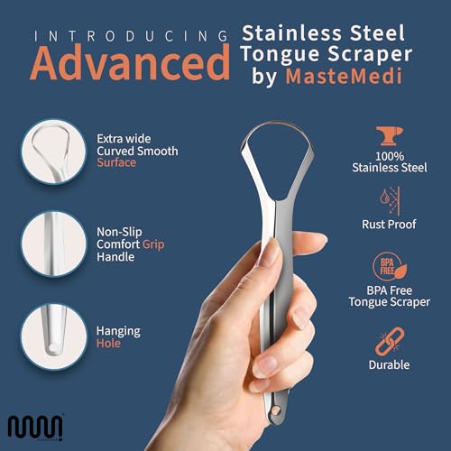 MasterMedi Tongue Scraper for Adults, 100% Stainless Steel Tongue Scrubber for Bad Breath, Easy to Use, Tongue Cleaner for...
