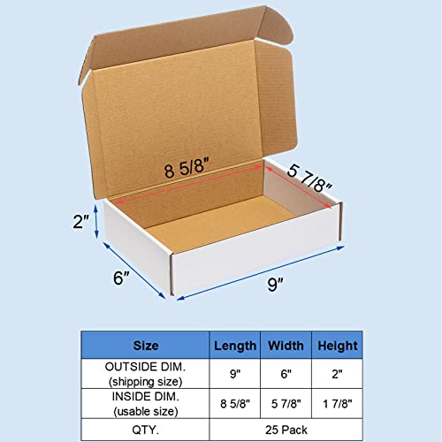 Wowxyz Shipping Boxes 9x6x2" 25 Pack - White Corrugated Cardboard Mailing Box for Small Business - Literature Mailer Packa...