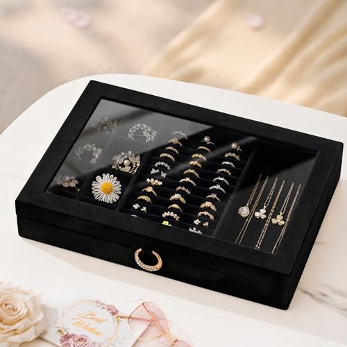bussdis Glass Lid Jewelry Organizer Box – Black Velvet Jewelry Case with Ring Slots, Necklace Hooks & Removable Compartmen...