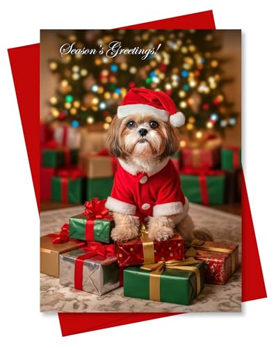 CATNEVERLAND Shih Tzu Santa Christmas Greeting Card – Dogs for Christmas Collection – 5x7” Premium Holiday Card with Red E...