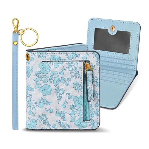 COSHAYSOO Personalized RFID Slim Bifold Wallet for Women Teen Girls with Wristlet Keychain, Blue Small Wallets Woman Cute ...