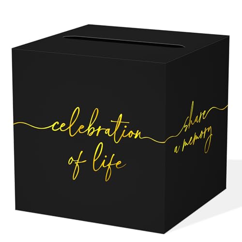 QISOLIY Black Celebration of Life Card Box with Gold Lettering, Share a Memory Funeral Card Box for Memorial Service, Reme...