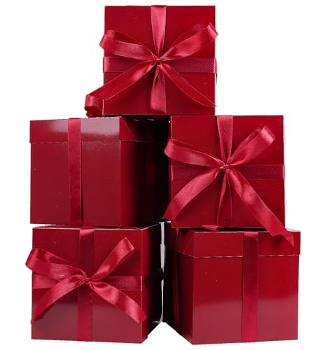 Jaywayang 5 Pack Red Gift Boxes with Lids, Ribbons and Tissue Papers Square Gift Boxes - 7.1 Inch - Christmas Presents Wra...