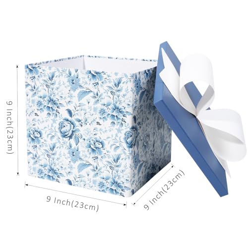 BIOBROWN Medium Gift Boxes with Lids for Presents, 9x9x9 Inches Chinoiserie Blue White Peony Floral Design Collapsible Gif...