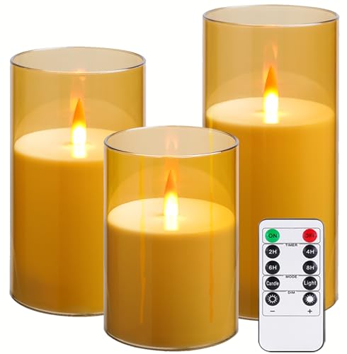 Upinmz Gold Acrylic Flameless Candles with Remote Control and Timers，Battery Operated Candles，LED Pillar Candles with Danc...