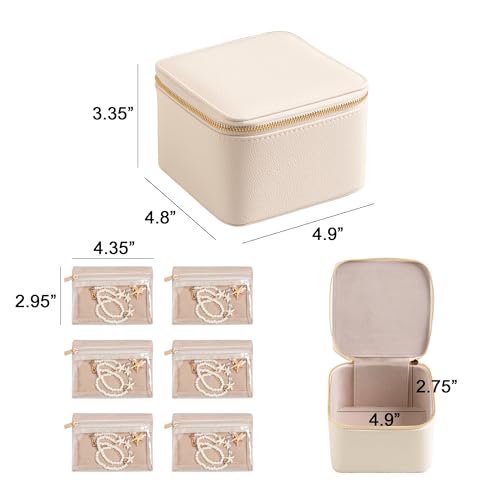 Frebeauty Small Travel Jewelry Box with 6 Pouch Bags, Portable Mini Jewelry Storage, 3.35 x 4.9 x 4.8 Inches, Gift Idea fo...