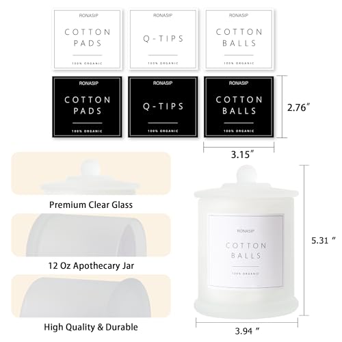 Ronasip Qtip Holder & Cotton Pad Dispenser, Bathroom Organizer and Storage Canisters, 16oz Glass Apothecary Jars for Kitch...