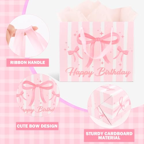 ACO-UINT Happy Birthday Gift Bags for Women Pink Bow Gift Bag with Tissue Paper and Ribbon Handles Pink Birthday Card, Cle...