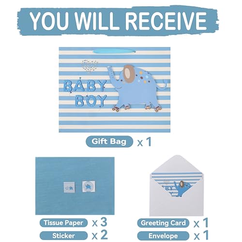 16.5” Extra Large Baby Boy Gift Bag Set with Handles, Greeting Card, Blue Tissue Papers and Stickers for Boys Kids for Bab...