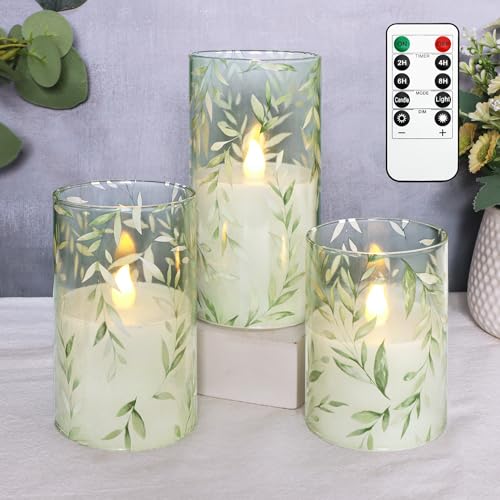 GORGE MOMENT Green Flameless Candles with Remote Willow Leaf Design Battery Operated Candles - Elegant Home Christmas Summ...
