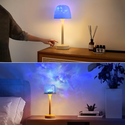 RGB Ocean Wave Projector Table Lamp, USB Rechargeable Cordless Night Light with Remote Control, Dimmable Touch Desk Lamp f...