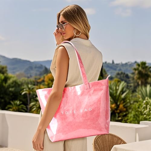 KALIDI PVC Zipper Tote Bag, Jelly Kraft Paper Beach Bag Large Hobo Carry All Travel Shopping Handbag Plastic Shoulder Bag
