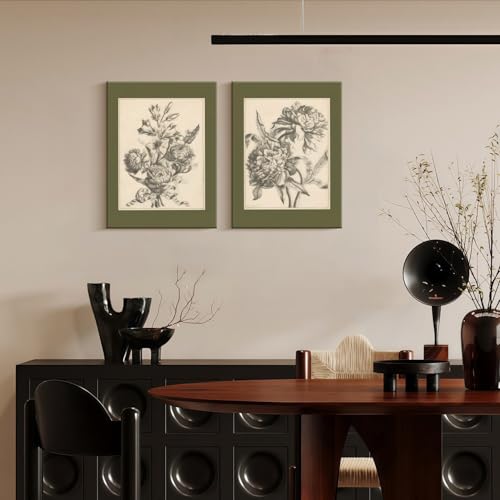 WALUPLL Vintage Peony Flowers Wall Art Olive Green Peony Floral Wall Art Vintage Prints Wall Art Flower Sketch Prints Anti...