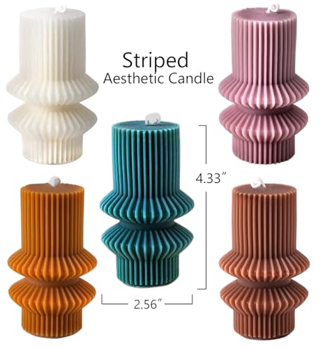 Boho Striped Pillar White Candles, 4.3" Tall Small Decorative Candles for Wedding Decor, Coffee Table, Shelf Styling, Scen...
