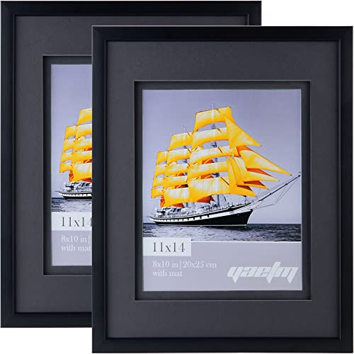 Yaetm 11x14 Double Floating Mat Picture Frame Set of 2, Display Picture 8x10 with Black Double Mat, Polished High Definiti...