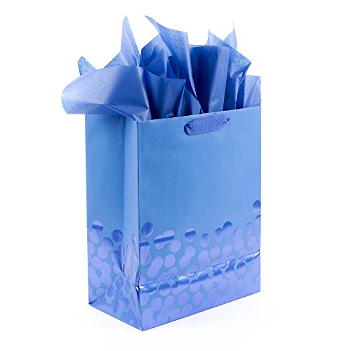 Hallmark 13" Large Gift Bag with Tissue Paper (Blue Foil Dots) for Hanukkah, Christmas, Birthdays, Fathers Day, Graduation...