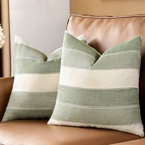 AmHoo Pack of 2 Farmhouse Stripe Check Throw Pillow Covers Set Case Cotton Linen Decorative Pillowcases Cushion Cover for ...