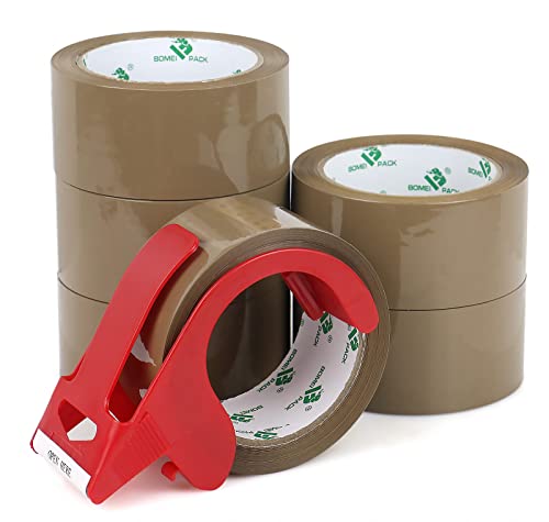 BOMEI PACK Brown Packing Tape with Dispenser, 2.4 Mil 1.88 Inch x 60 Yards, 6 Refills Rolls Packaging Tape for Moving, Shi...