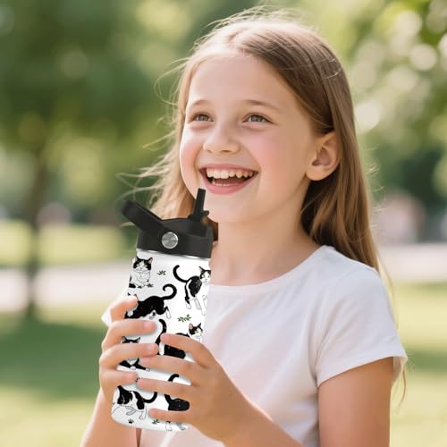Cat Gifts for Kids - 16oz Black Cat Water Bottle with Straw Lid, Stainless Steel Insulated Bottle, Leak Proof, BPA-Free, f...