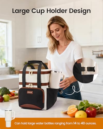 LOVEVOOK Insulated Lunch Bag For Women Men,Expandable Double Deck Lunch Box With Large Cup Holder,Leakproof Cooler Bag For...