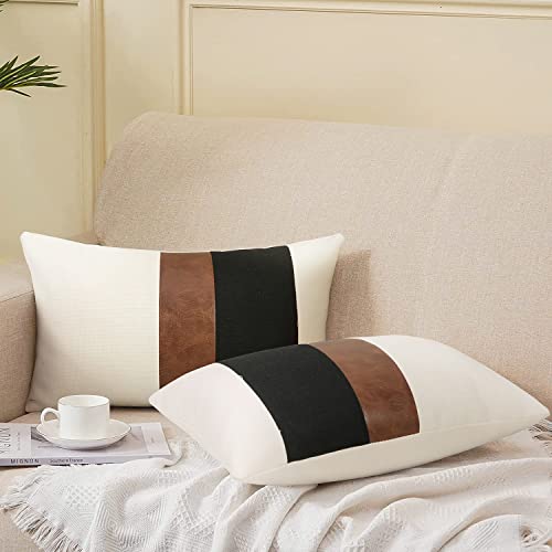 Merrycolor Pack of 2 Thick Black Linen Farmhouse Lumbar Throw Pillow Cover Black Brown Decorative Linen Faux Leather Ticki...