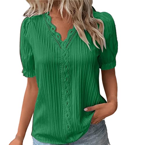 Women Summer Lace V Neck Plain Lace Elegant Shirt Fashion Solid Color Elegant Blouse Short Sleeve Plus Size Scrub Tops