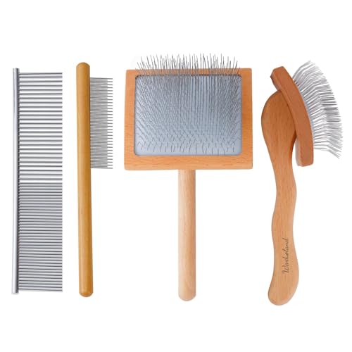 Werduoland Ergonomic Slicker Brush for Long-Haired Dogs - Wooden Handle, Long Pins for Grooming Goldendoodles