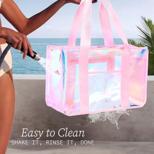 Fammart Iridescent Clear Beach Bags Waterproof Sandproof for Women, Large Jelly Tote Zipper Pool Bag Cruise Essentials 2026