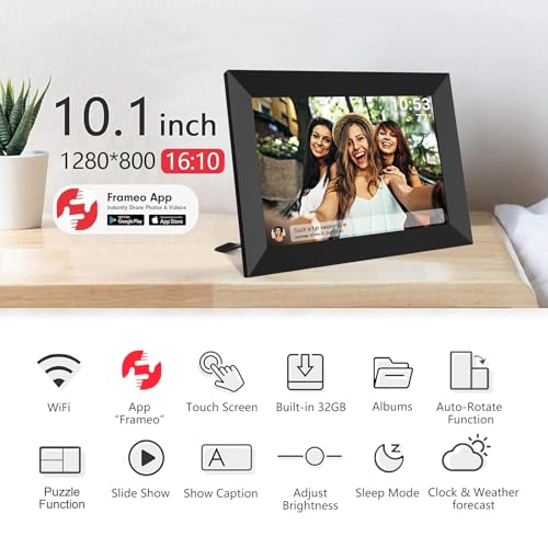 32GB FRAMEO 10.1 Inch Smart WiFi Digital Photo Frame 1280x800 IPS LCD Touch Screen, Auto-Rotate Portrait and Landscape, Bu...