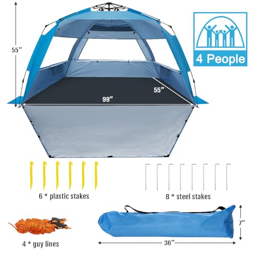 WhiteFang Deluxe Pop Up Beach Tent Sun Shade Shelter for 3-4/5-6 Person, UV Protection, Extendable Floor with 3 Ventilatin...