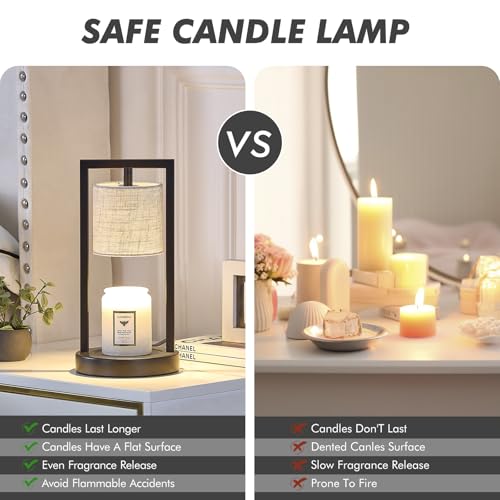 Candle Warmer Lamp with Timer, Black Candle Lamps Linen Fabric Shade, 3-Level Dimmable Candle Warming Wax Melt Warmer for ...