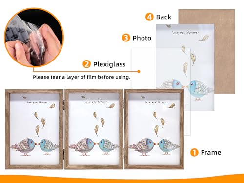 TOFOREVO 4x6 3 Picture Frame Triple Wooden Three Hinged Photo Frame Definition Glass Stand Vertically on Desktop or Tabletop