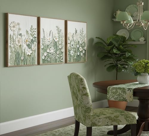 3 Pcs Sage Green Wildflowers Canvas Wall Art Neutral Minimalist Abstract Boho Floral Botanical Painting Pictures Wall Deco...