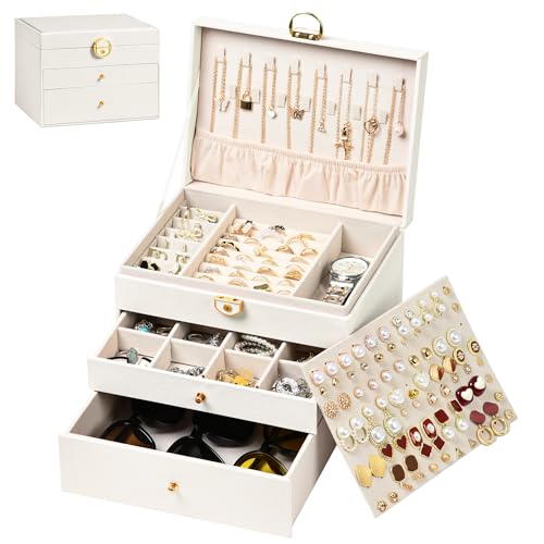 GALHUBIS Jewelry Box, 3 Layers Leather Jewelry Storage Display Box for Women, Gift Case, 2 Drawers, Large Capacity for Nec...