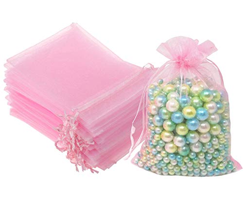 100 Pcs 5x7 inches Gift Wrap Bags Pink, Organza Sheer See Through Fabric, Drawstring Satin Ribbon Pouches for Baby Shower ...