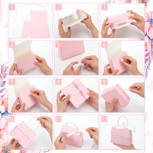 BENECREAT 16 Sets Pink Wedding Favors Box DIY Set, Kraft Paper Box with Pearl Handle, Ribbons, Stickers, Gift Boxes for Bi...