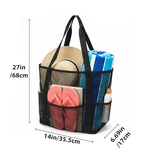 BOBPPOP Black 5-Pocket Foldable Mesh Beach Tote for Women, Water-Resistant Sand-Proof Cruise Essentials Bag, Travel Pool V...