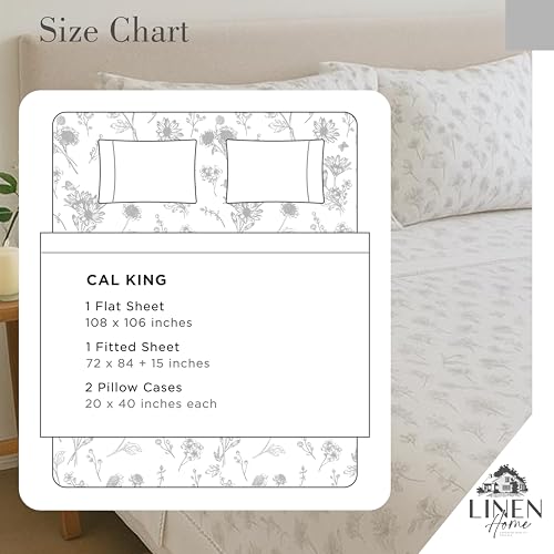 Linen Home 100% Cotton Printed Percale Sheets California King Size, Deep Pocket, 4 Pieces Set - 1 Flat, 1 Deep Pocket Fitt...