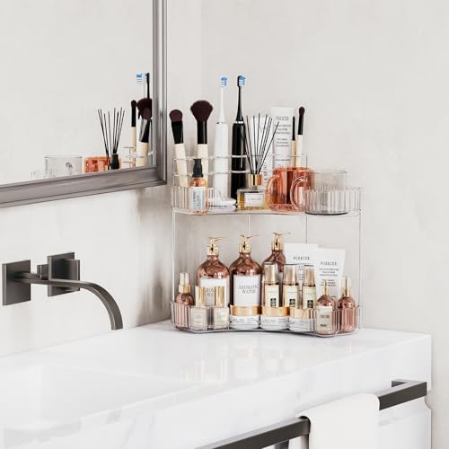 Asayuee 2-Tier Corner Bathroom Counter Organizer with Top Toothbrush Holders,Large Makeup Organizer Countertop with Brush ...