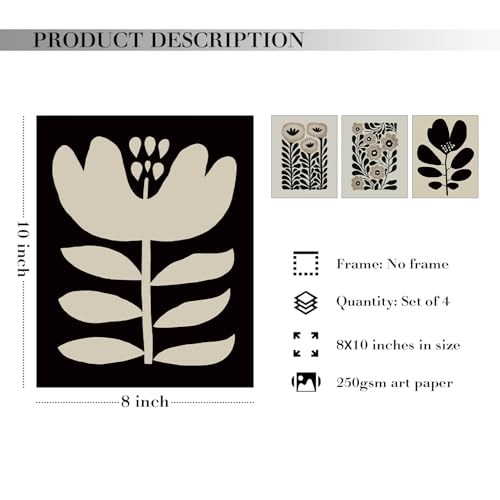JXREQ Vinatge Boho Abstract Matisse Floral Wall Art, Mid Century Modern Abstract Black and Beige Floral Wall Decor for Hom...